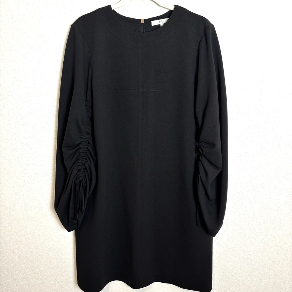Tibi Little Black Dress Ruched Tie Sleeves Women’s 10 Classic Career Modern Mod